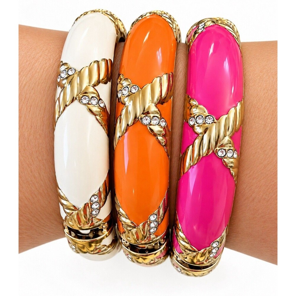 Vintage NOS Gold Tone Enamel Bangle X-Crossover Rhinestone Pink Orange White